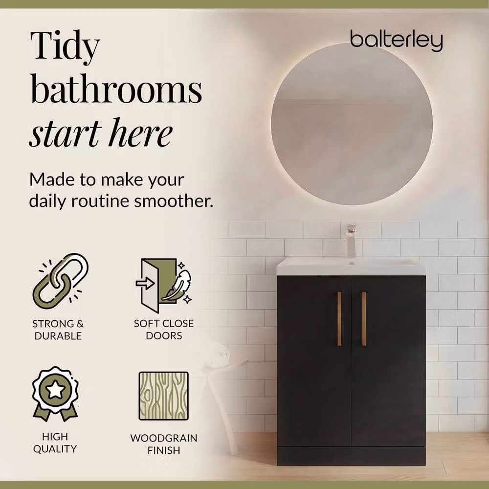 Balterley Modern Black Wood Freestanding Bathroom Vanity Basin Unit with Soft Close Hinged Doors, W: 60 cm, H: 84 cm, D: 42 cm – 3