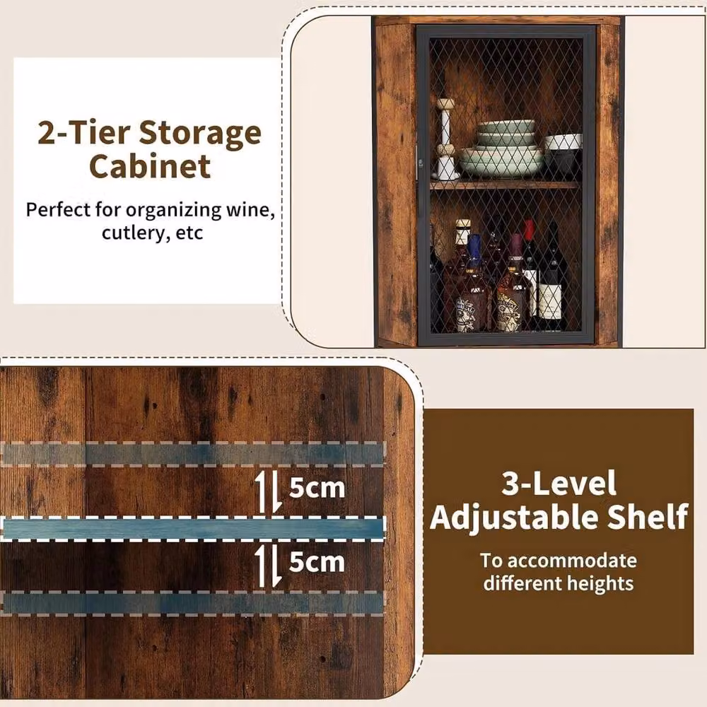 VOGREX Industrial Corner Bar Cabinet in Brown with Glass Doors, Wine Rack and Glass Holder, Height: 178 cm – 4