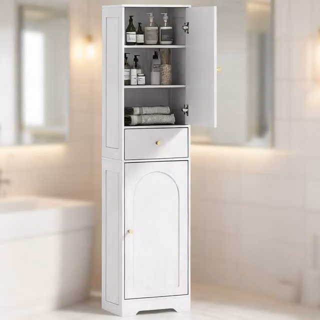 ERGOVEXA Tall Freestanding Bathroom Cabinet with Arched Hinged Doors and Internal Shelves, White and Gold, H 170 x W 40 x D 29.5 cm