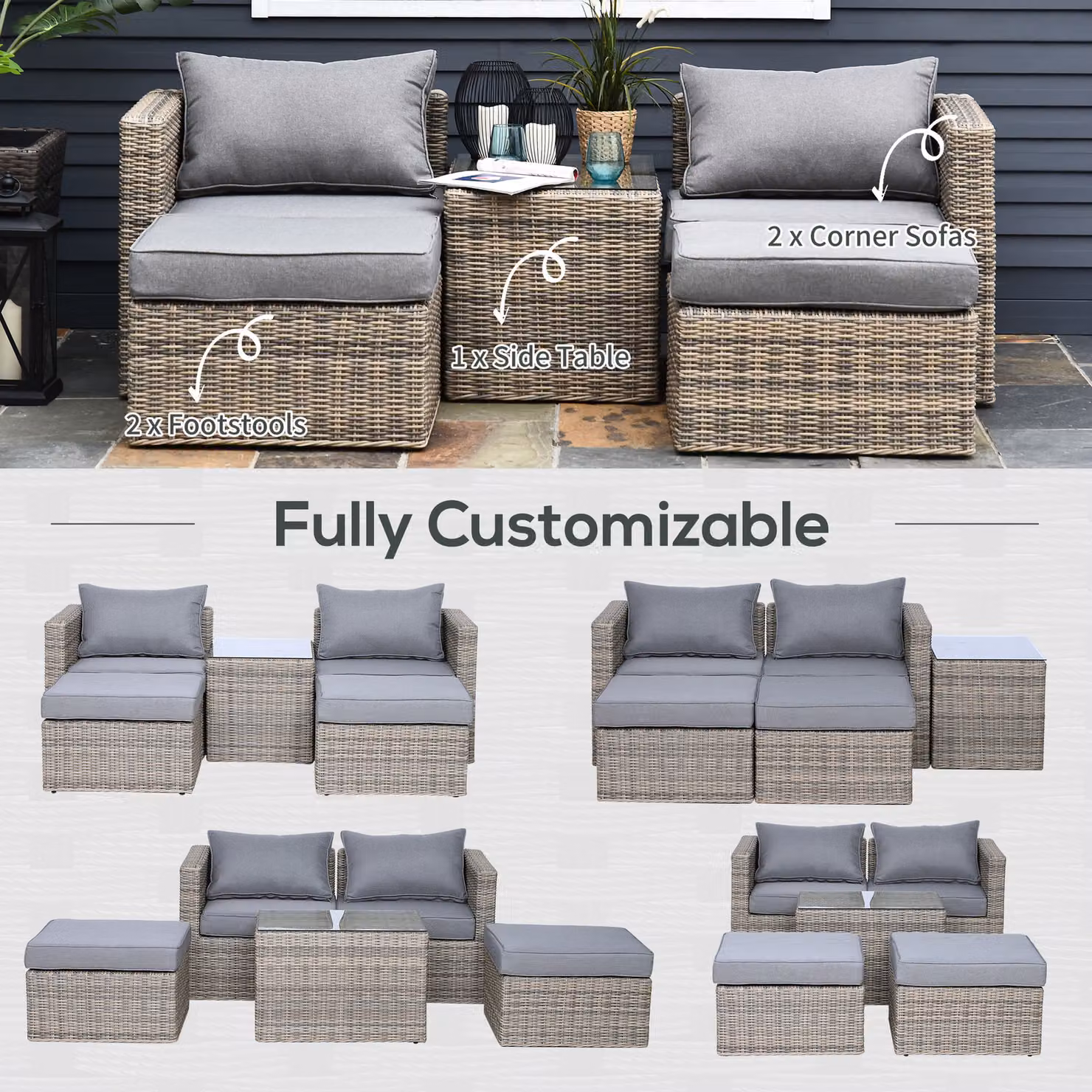 Outsunny 2 Seater Rattan Garden Furniture Set with Tall Glass-Top Table and Soft Cushions in Grey – 7