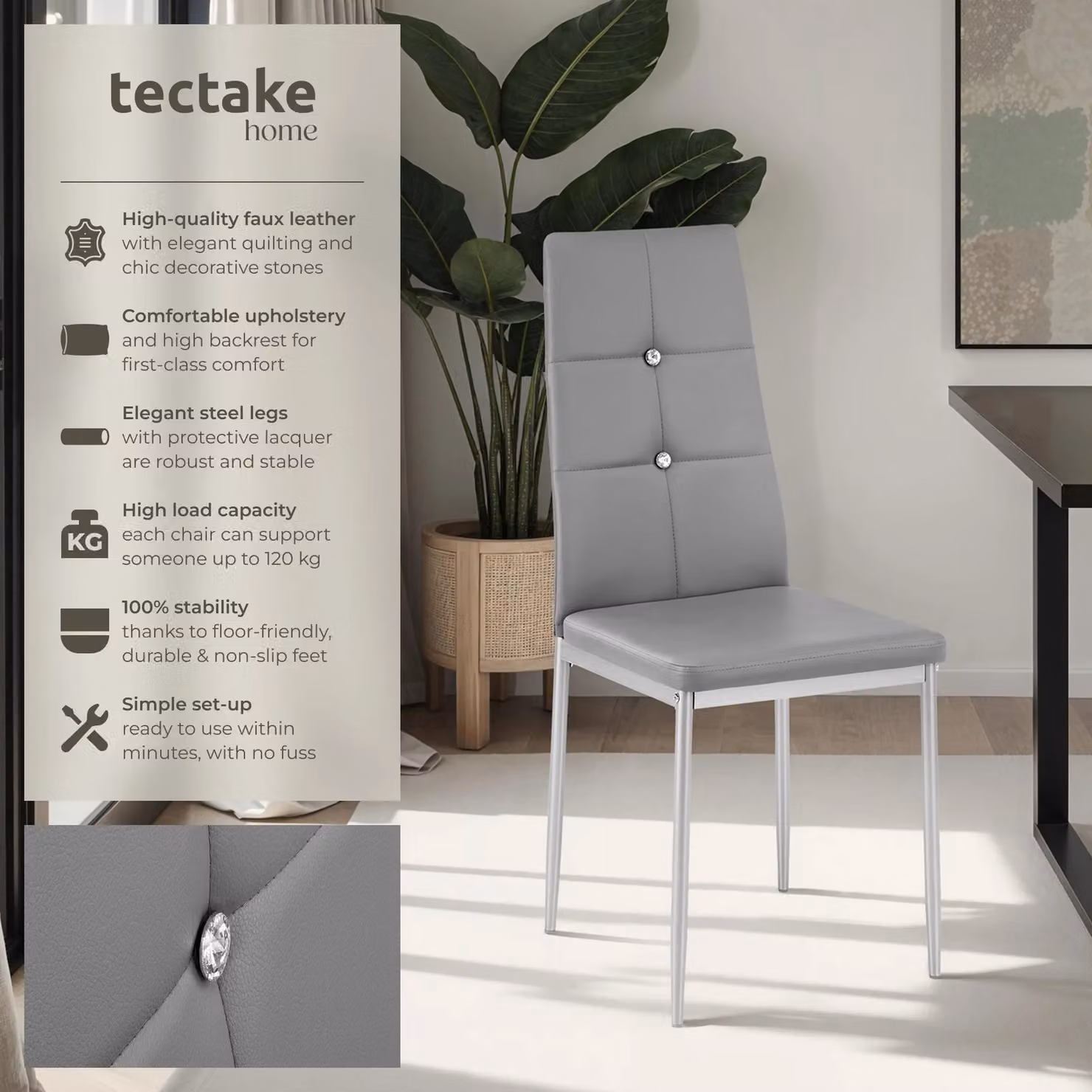 tectake Julien Set of 4 Modern Dining Chairs in Grey Synthetic Leather – 2
