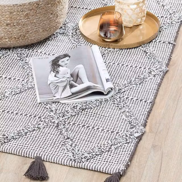 Wyld and Coco Brown Geometric Cotton Woven Rug with Fringes, W: 80 cm, L: 150 cm – 1