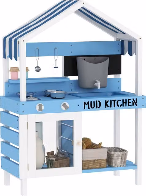 AIYAPLAY Kids Mud Kitchen with Stoves, Sink, Faucet and Storage Shelves in Blue