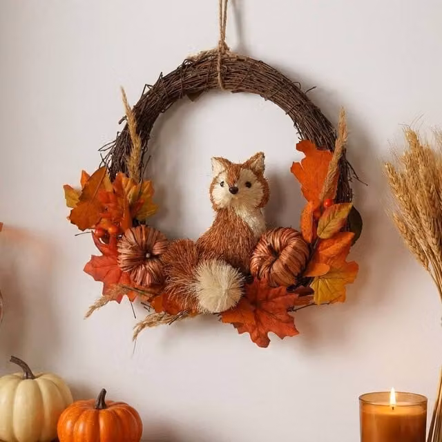 Garden Greatness Autumnal Woodland Rattan Fox Wreath in Orange and Brown – 1