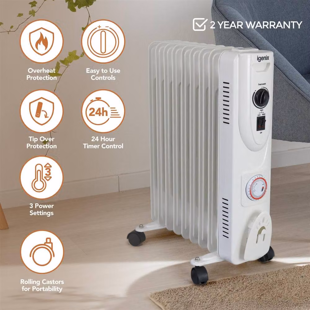 Igenix 2kW Oil Filled Radiator with Timer, White – 2