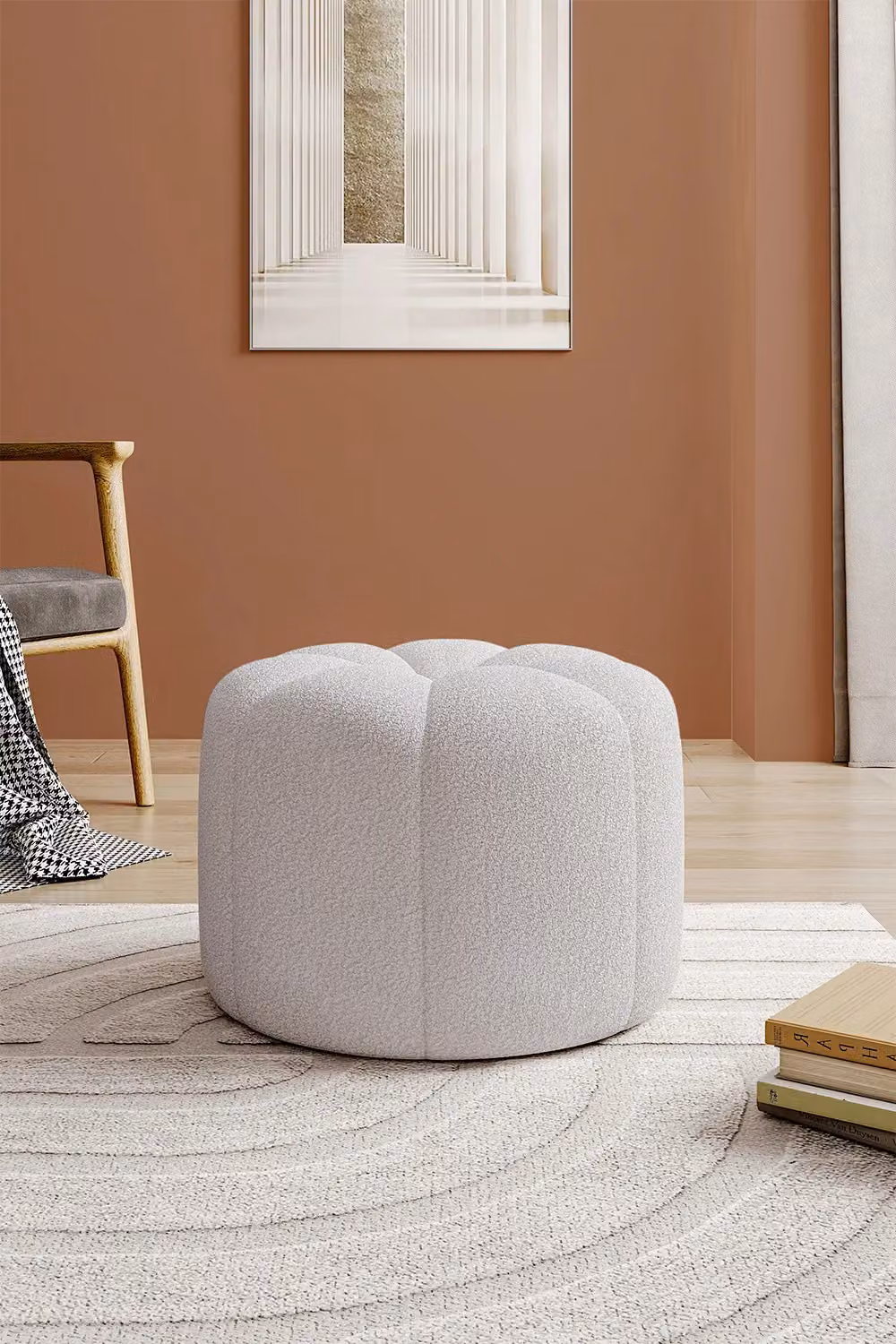 Living and Home Round Teddy Fabric Footstool in White – 2