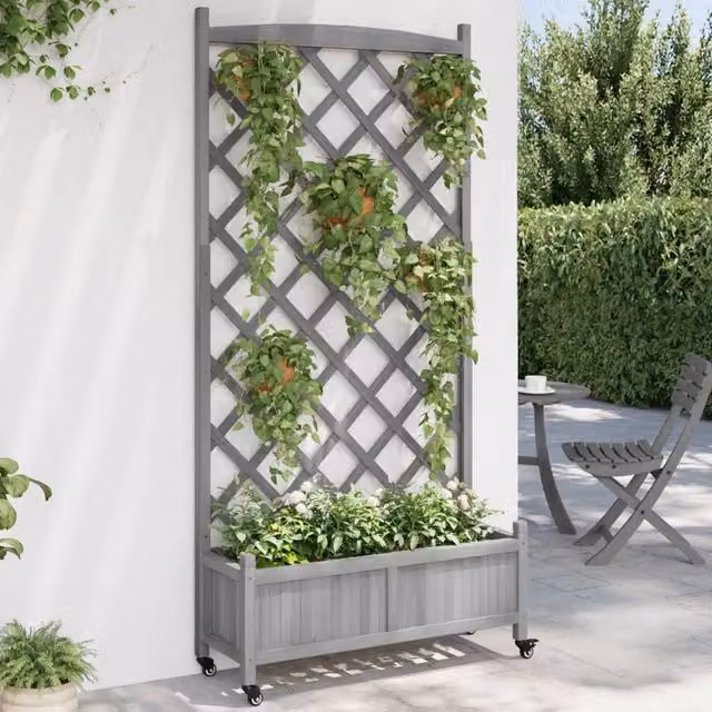 Berkfield Home Grey Solid Wood Planter with Trellis and Wheels – 1