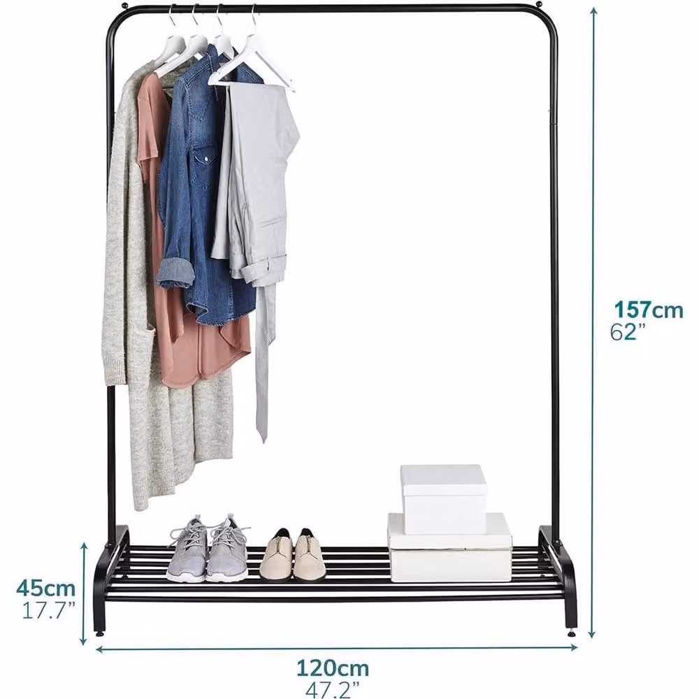 VOGREX Black Matt Metal Clothes Rail and Garment Rack with Shoe Storage Shelf – 2
