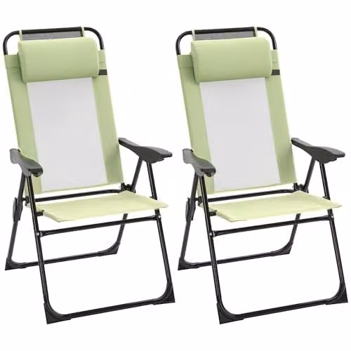 Outsunny Set of 2 Green Folding Garden Recliner Chairs with Adjustable Headrests and Armrests