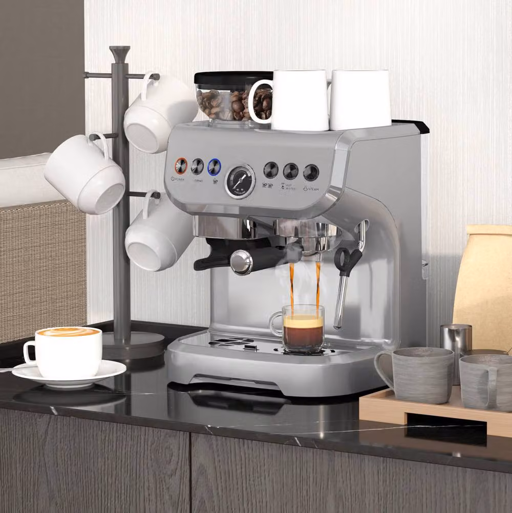 STILVORA 3-in-1 Coffee Machine with Grinder, Milk Frother and Steam Wand in Silver – 2