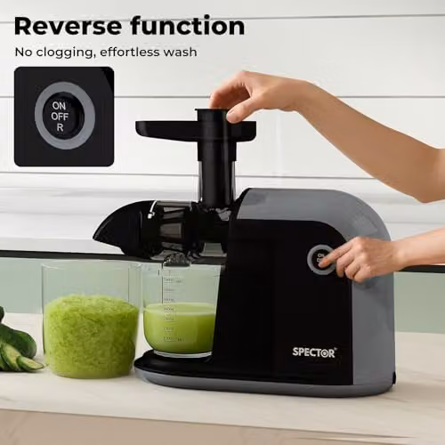Spector 150W Slow Juicer, Black Plastic and Stainless Steel Cold Press Fruit and Vegetable Extractor – 10