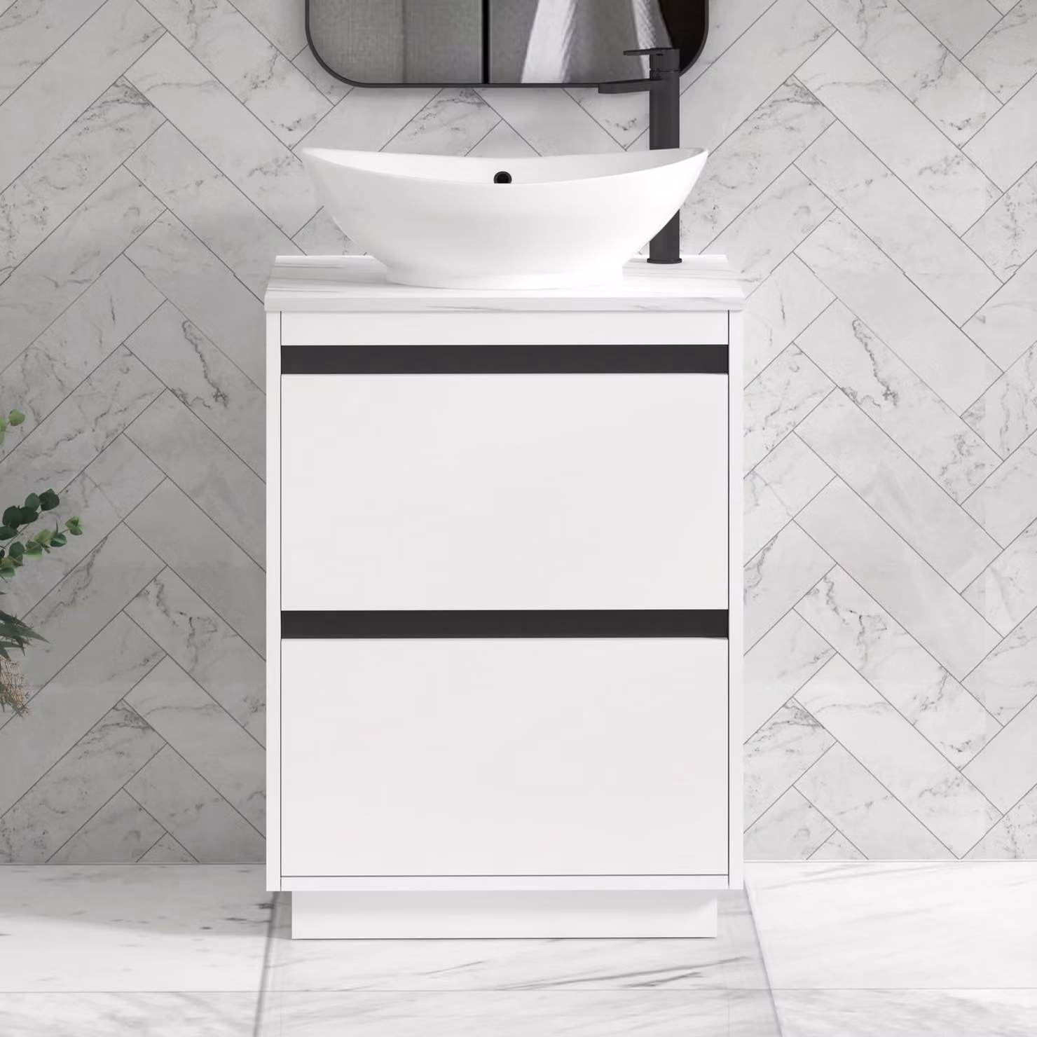Royal Bathrooms Orion 600mm Matt White Floor Standing Countertop Vanity Unit with 2 Drawers, Amaze Basin and Black Accent Trim