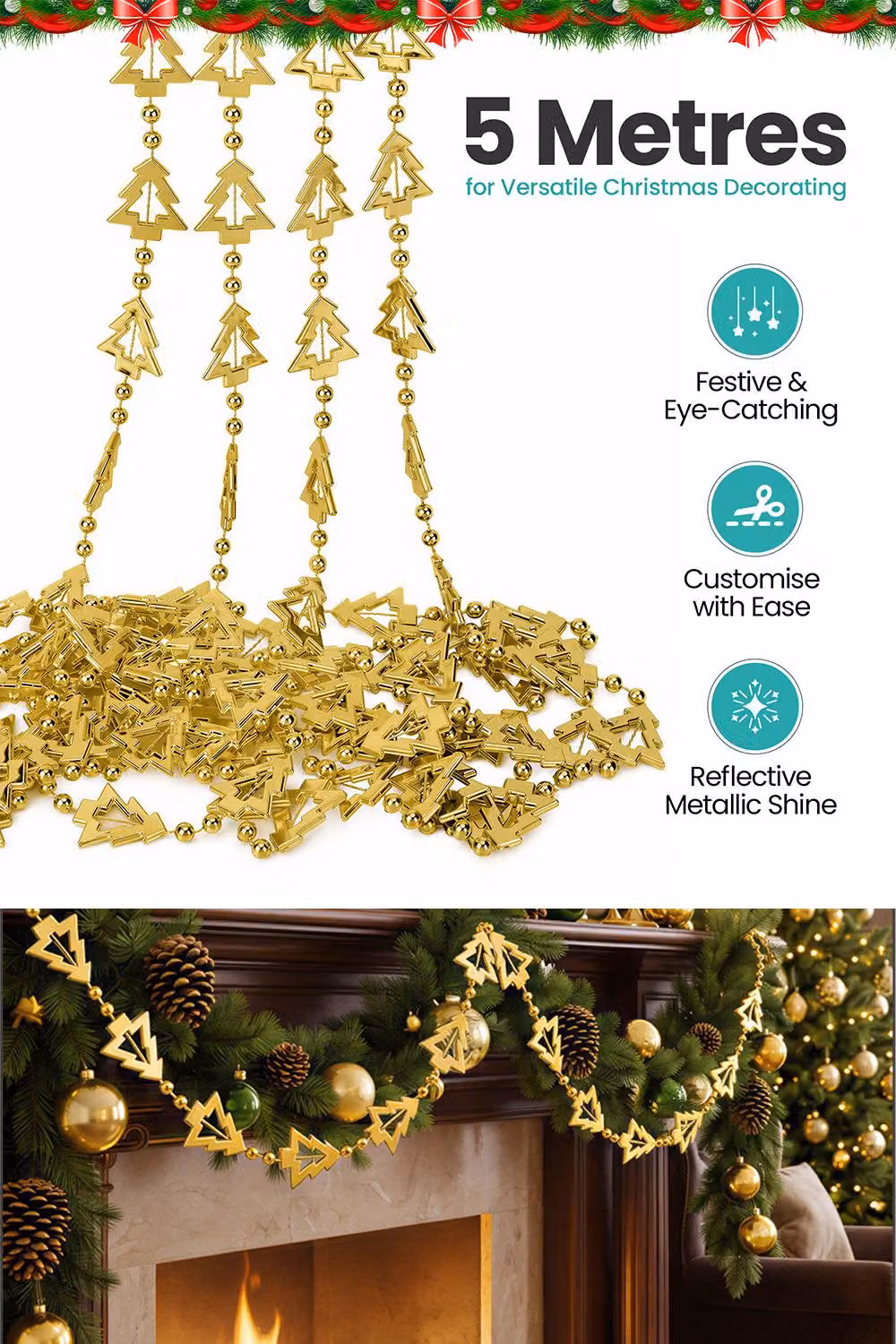 Neel Blue Gold Metallic Christmas Tree Bead Garland, 5m Hanging Chain – 2