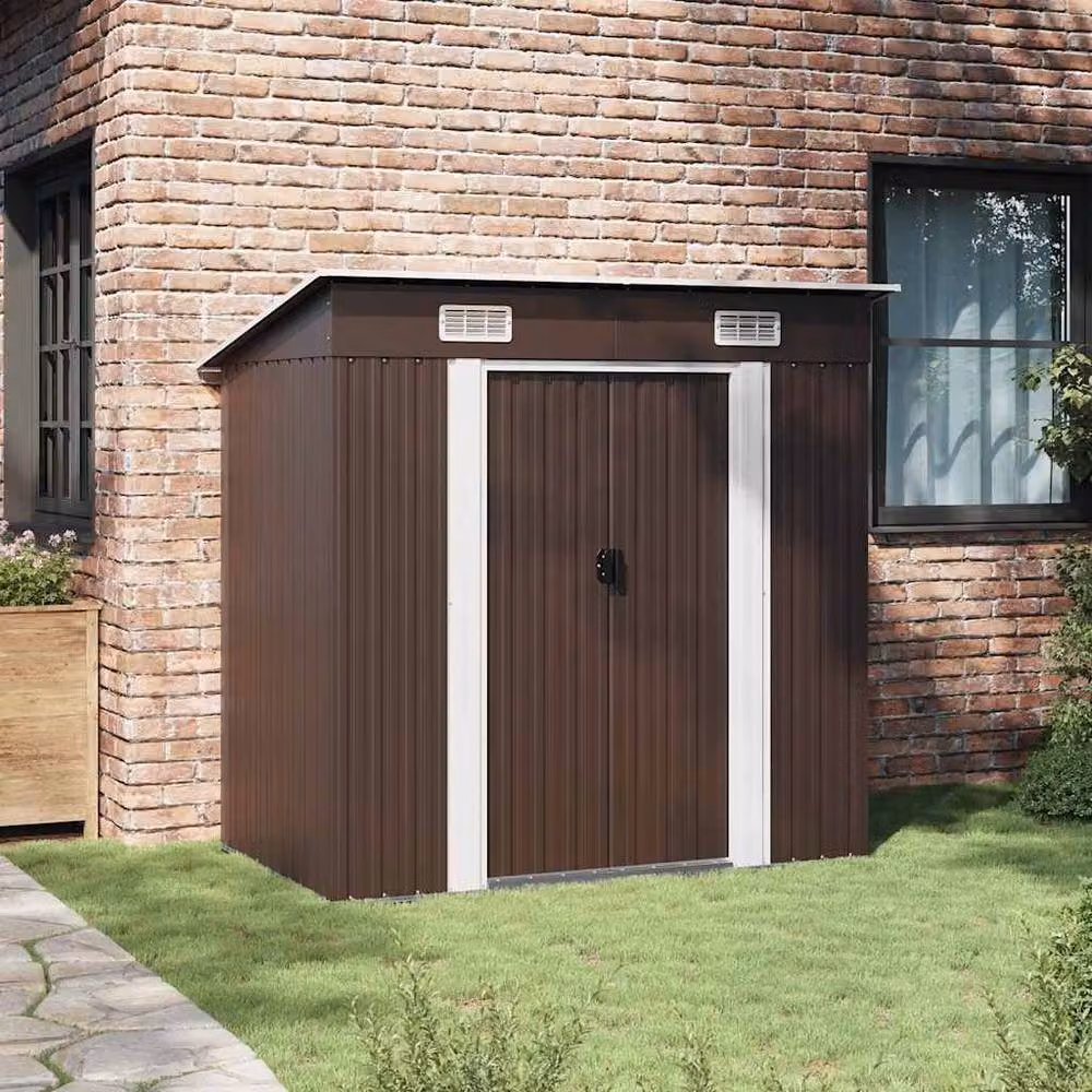 Berkfield Home Brown Steel Pent Garden Storage Shed with Sliding Doors W/D/H: 194 x 121 x 181 cm – 3