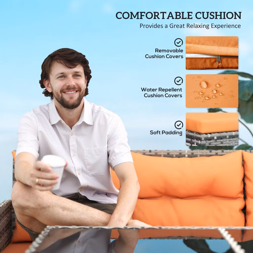 OUTSUNNY 6 Piece Rattan Patio Sofa Set with Metal Frame in Orange and Beige – 3