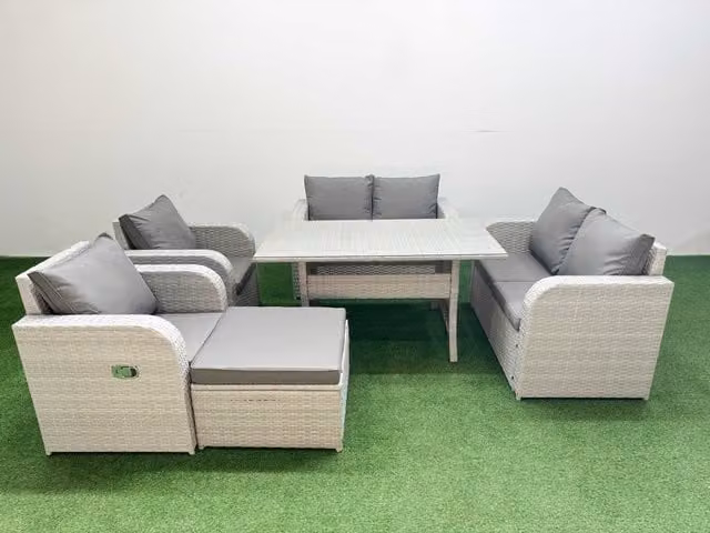 Fimous 7 Seater Rattan Garden Furniture Set with Reclining Chairs, Rectangular Dining Table and Footstool in Light Grey