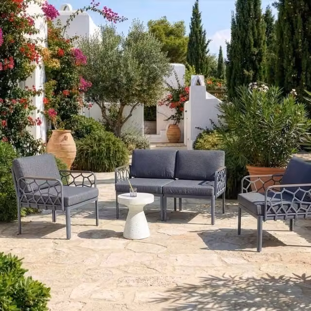 Wyld and Coco 4-Seater Modular Garden Sofa in Grey with Weatherproof Synthetic Frame and Upholstered Olefin Cushions – 1