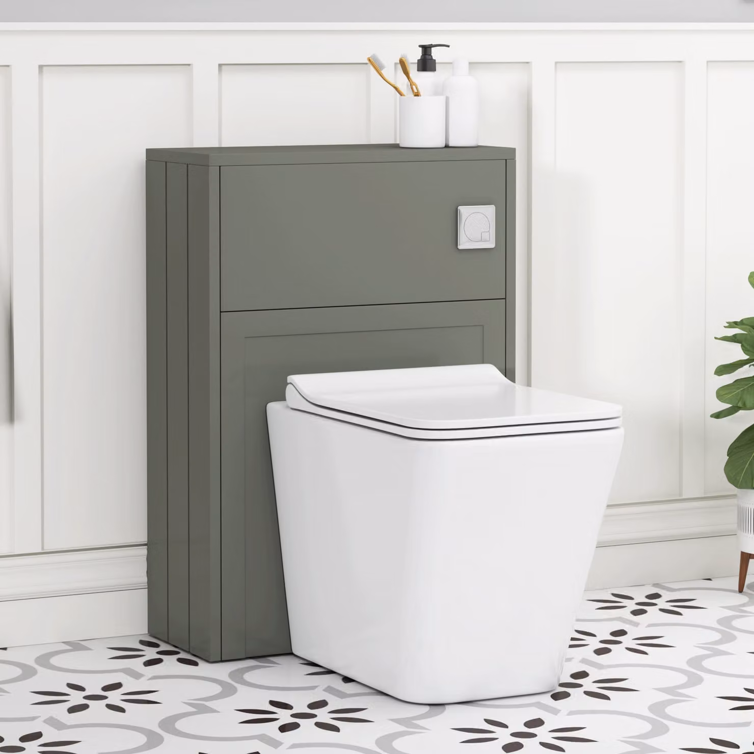 Royal Bathrooms Elmore Matt Green BTW WC Unit with Elena Rimless Ceramic Toilet Pan, Slim Soft Close Seat and Cistern, Width: 55 cm