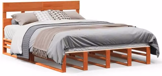 Berkfield Home Solid Wood Pine Bed Frame in Waxed Brown, W/D/H: 140 x 190 cm – 1