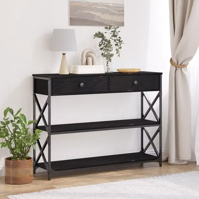 Berkfield Home Modern Black Oak Console Table with Steel X-Frame, W/D/H: 100 x 28 x 75 cm – 1