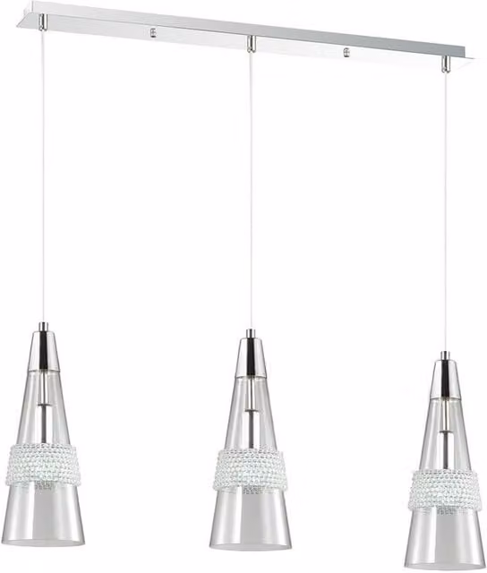 Emilia 3 Light Linear Ceiling Pendant in Polished Chrome with Crystal and Glass Details, E14
