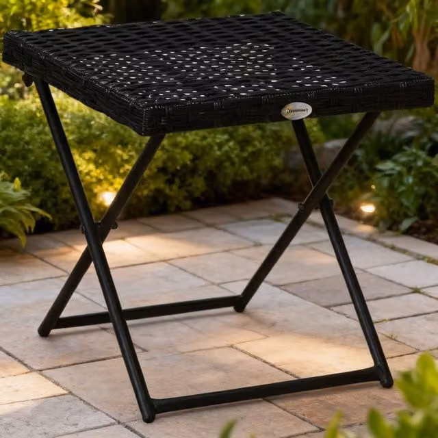 ERGOVEXA Square Black PE Wicker Rattan Folding Garden Table, W/D/H: 40 x 40 x 30 cm