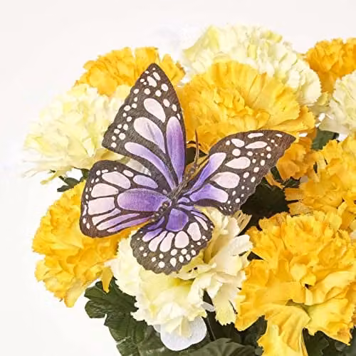 Homescapes Set of 2 Yellow and Pink Carnation Artificial Grave Flowers with Butterfly Decoration, Height: 30 cm – 2