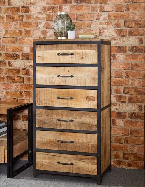 Worcester Metro Industrial Tall Chest in Brown Mango Wood and Metal