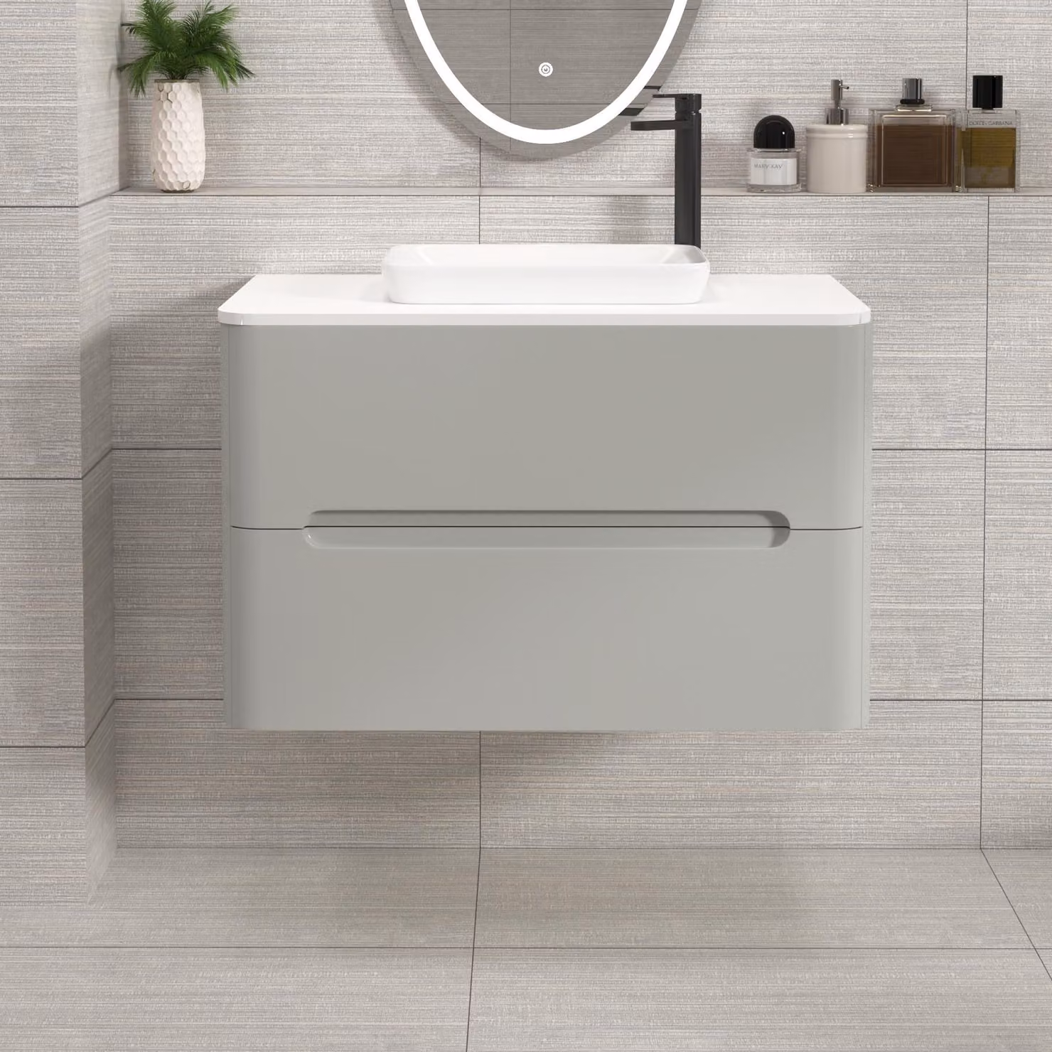 Royal Bathrooms Venice 800mm Wall Hung Vanity Unit in Dove Grey with 2 Drawers, Plain White Worktop and Qubix Basin