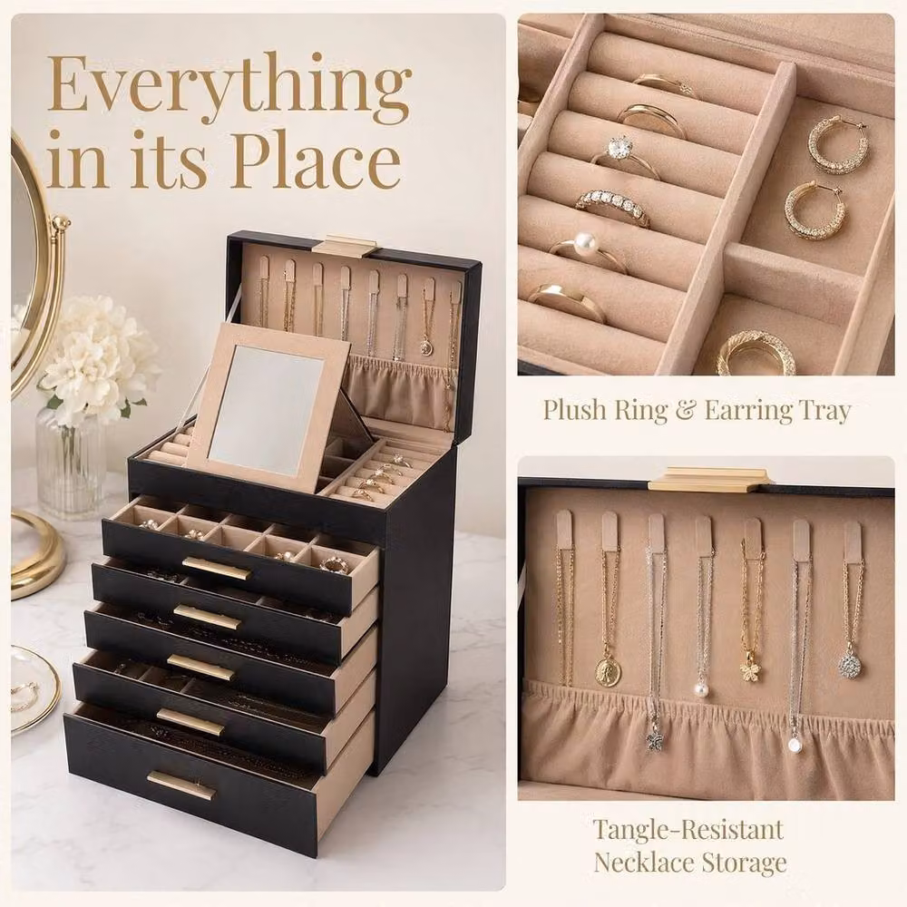 Kelvenix Black Jewellery Storage Box with 5 Drawers – 3