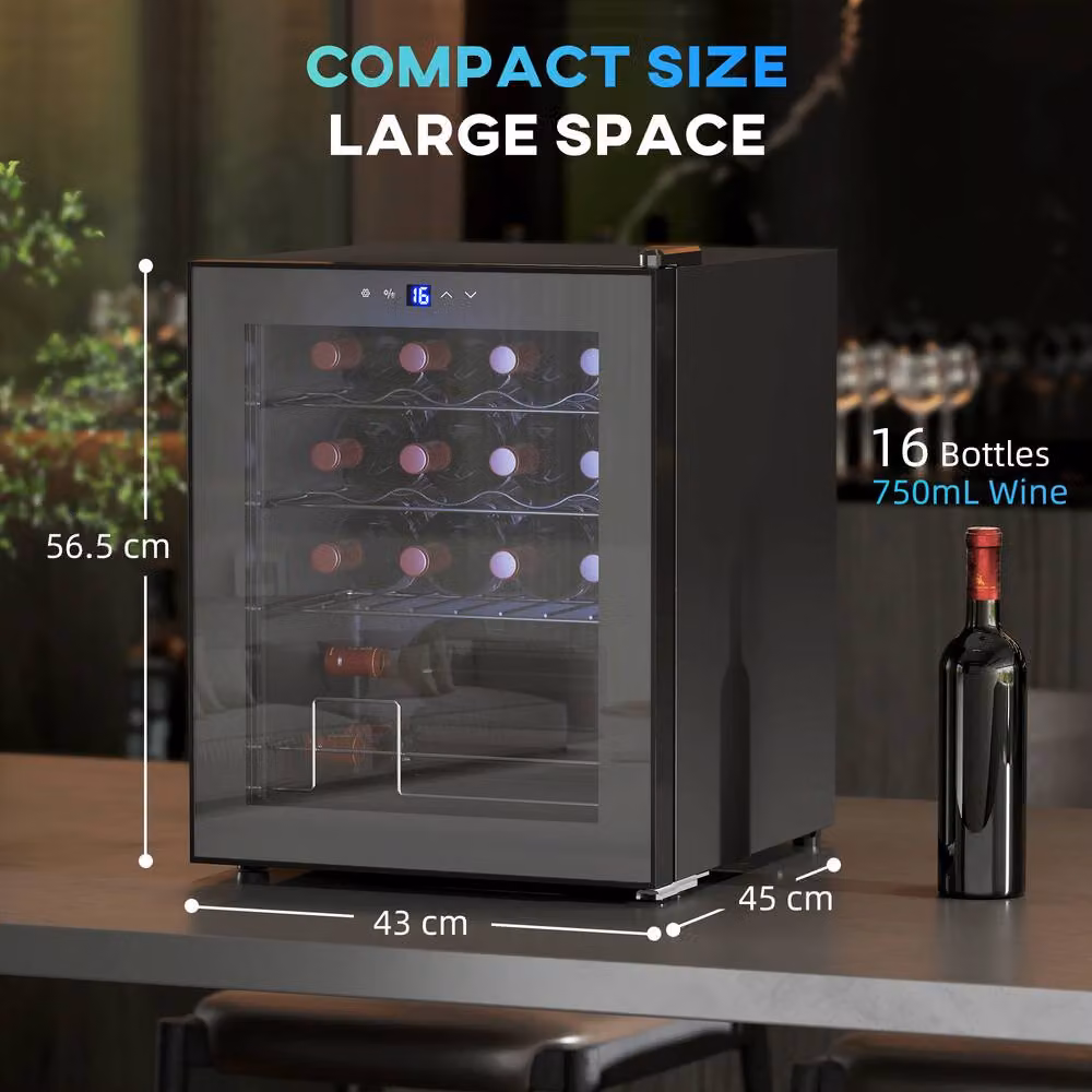 HOMCOM 16 Bottle Wine Cooler with Adjustable Temperature Control and LED Interior Light, Black – 3