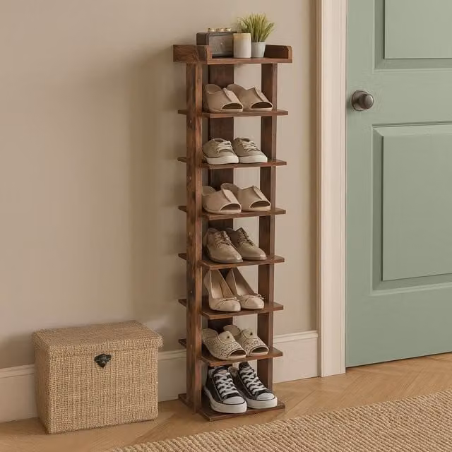 Neo 7 Tier Brown Wooden Slim Narrow Shoe Rack Storage Cabinet