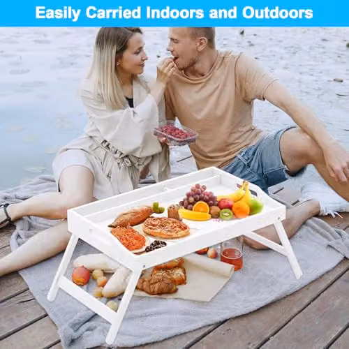 MantraRaj Bamboo Bed Tray Table with Foldable Legs and Handles, White, W/D/H: 50.0 x 30.0 x 66.0 cm – 2