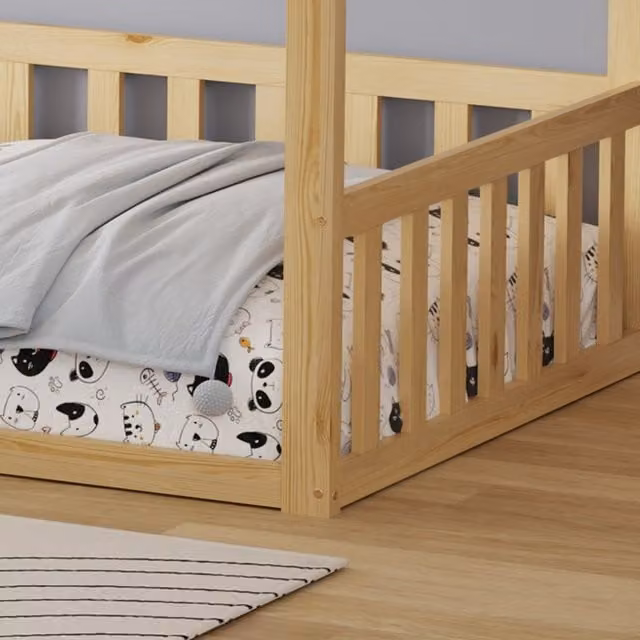 WestWood Solid Wood House-Shaped Montessori Toddler Bed Frame with Half-Length Guard Rail, Single, White – 1