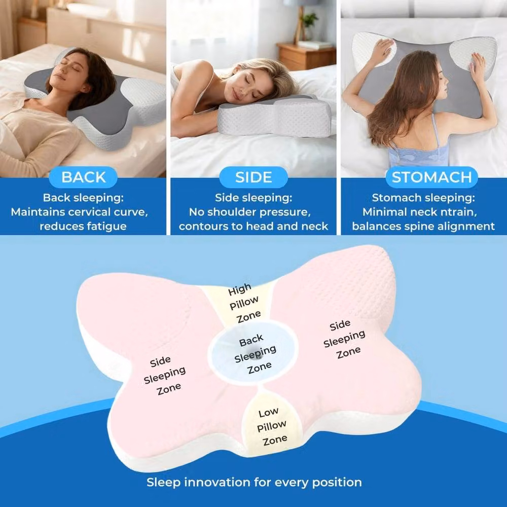 VOGREX Breathable Ergonomic Memory Foam Neck Support Pillow with Removable Silk Cover in Grey – 2