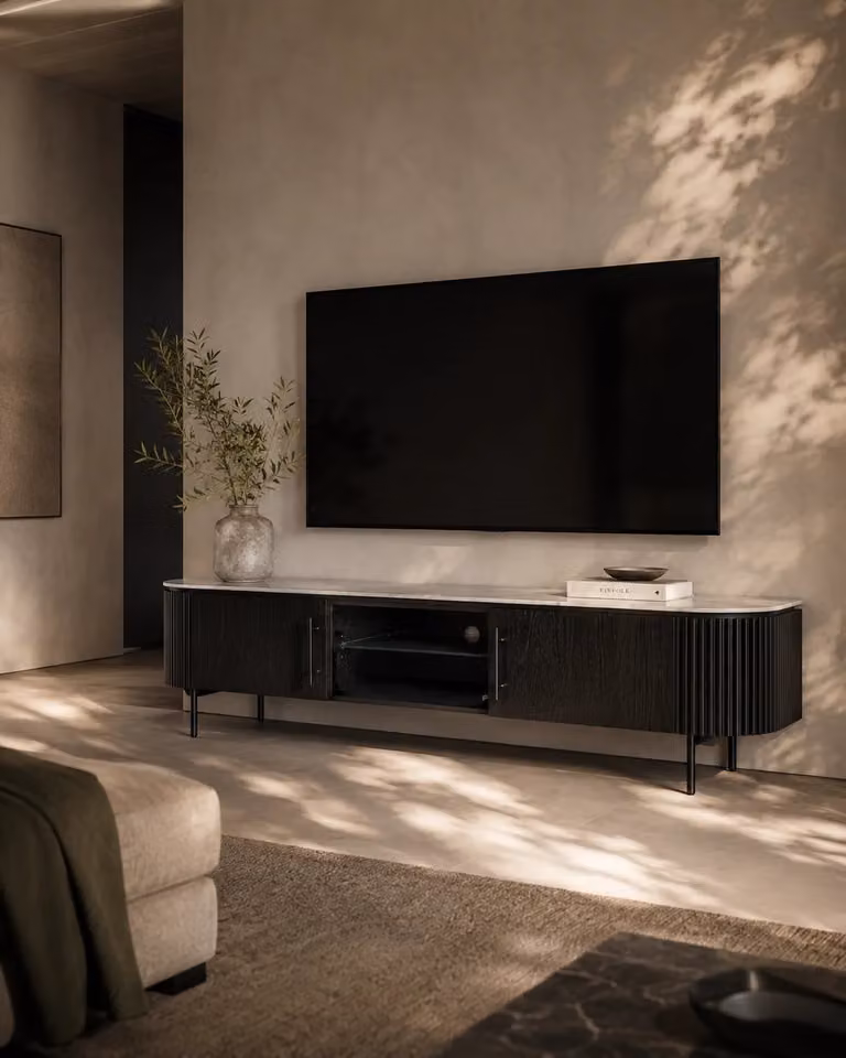 Tommy Franks Lantine Marble TV Unit in Black Oak with Stone, Wood and Glass Details, W/D/H: 200 x 52 x 42 cm