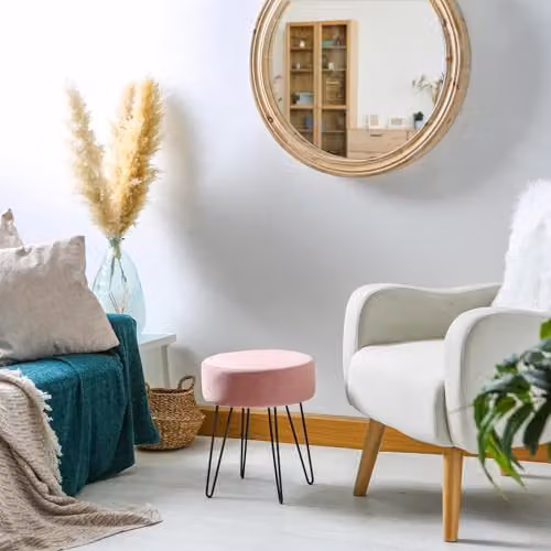 Harbour Housewares Pink Velvet Round Footstool with Black Legs, H41 x D45 cm – 3