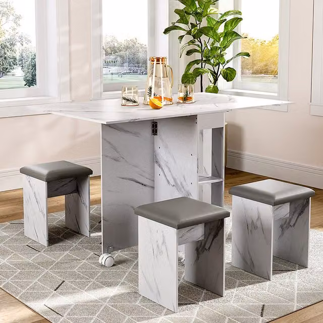 Livingandhome Modern White Glossy Extendable Rectangular Dining Table and Chairs Set