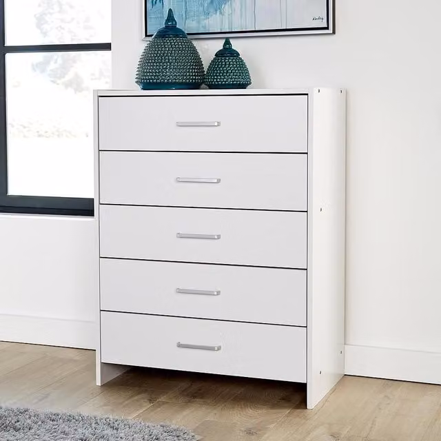 Home Source 5 Drawer Oak Bedroom Chest and Storage Organiser in White and Black