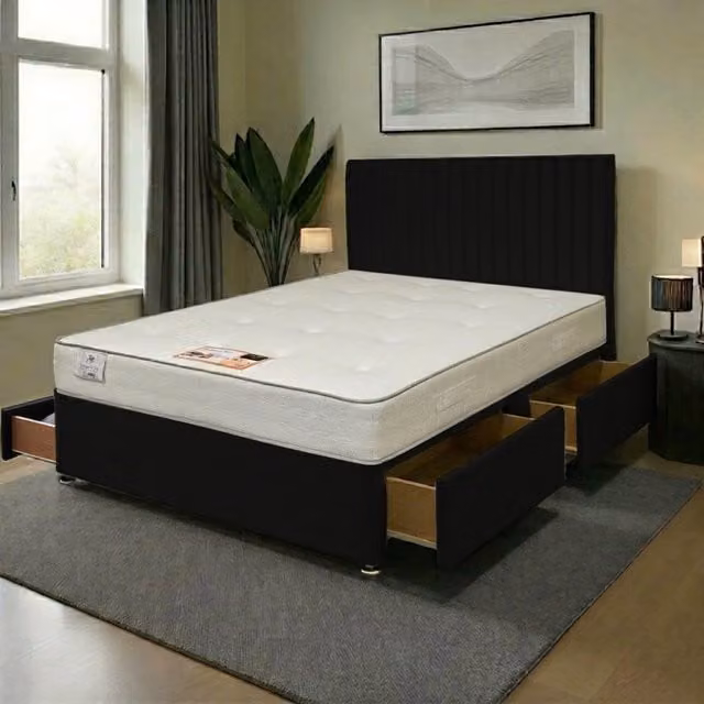 Knight Sleep Emily Plush Bed Set with Princess Mattress and Floorstanding Headboard in Black, W/D/H: 140 x 200 cm