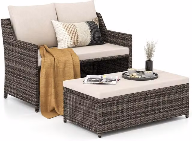 COSTWAY 2-Piece Modern White Rattan Outdoor Patio Furniture Set