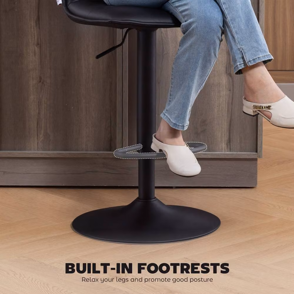 ERGOVEXA Set of 2 Modern Faux Leather Bar Stools in Black with 360 Degree Swivel and Metal Base – 8