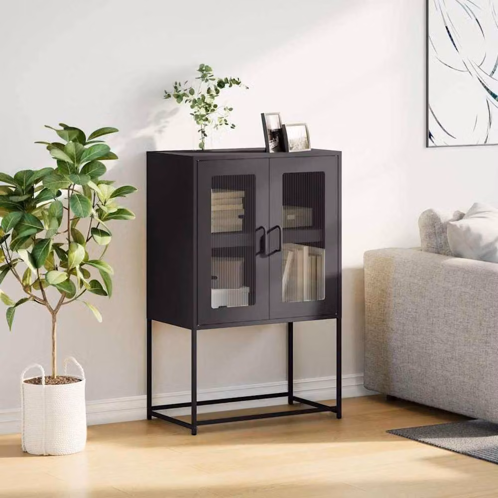 Berkfield Home Matt Black Steel Highboard with Glass Doors W/D/H: 68 x 39 x 107 cm – 3