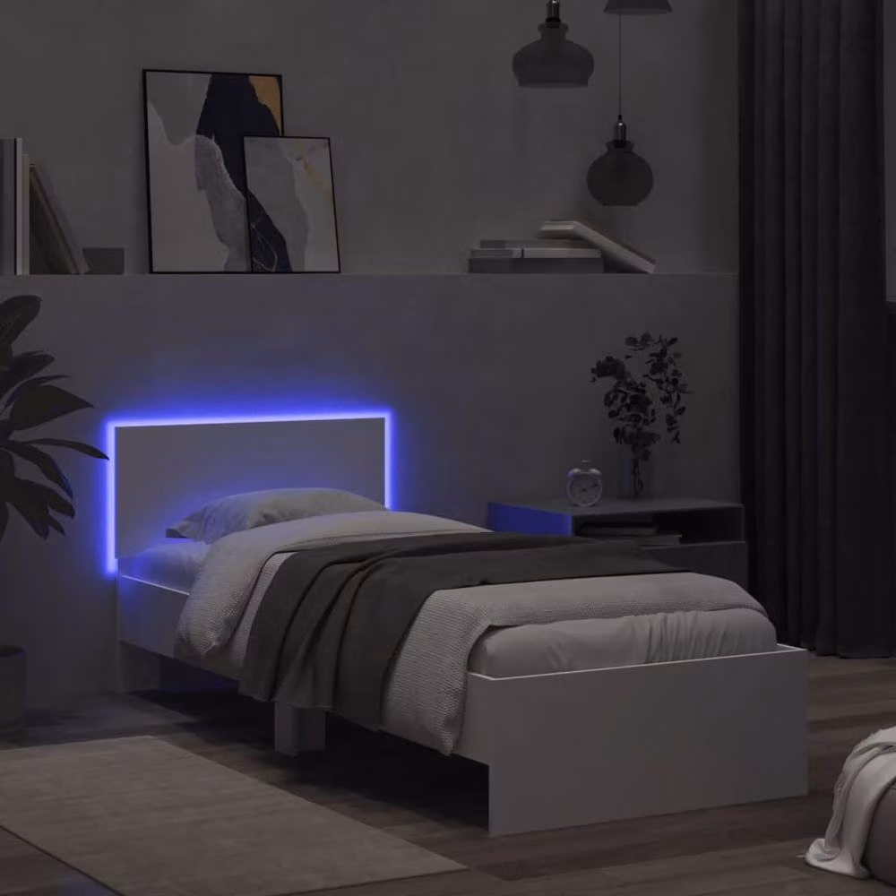 Berkfield Home Small Single Bed Frame with LED Lights and USB Charging Port, White, W: 75 cm, L: 190 cm – 3