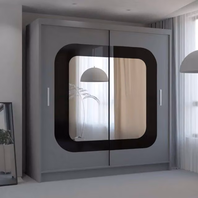 MN Furniture Modern Grey Glossy Wardrobe with Sliding Mirror Doors and Integrated LED Lighting W/D/H: 150 x 0 x 217 cm