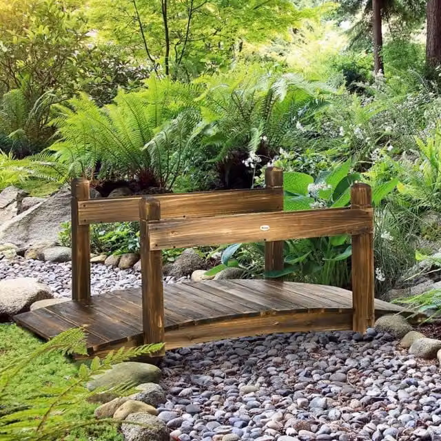 Chilli Seating 5ft Wooden Garden Bridge with Planters and Safety Railings in Brown – 1