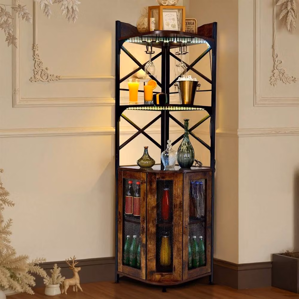FLAVORA Brown 5 Tier Corner Wine Cabinet with Glass Doors and Integrated Lighting – 3
