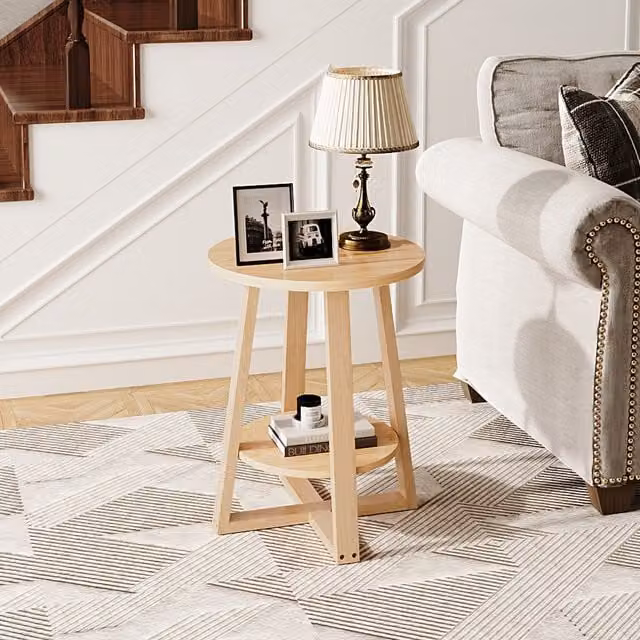 Livingandhome Round Wooden Side Table in Brown with 2 Tiers, Diameter: 40 cm
