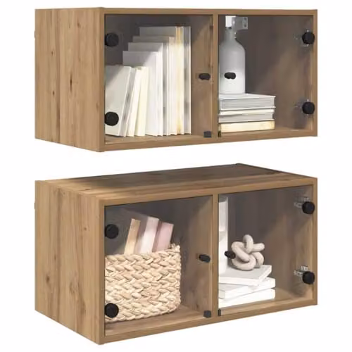 vidaXL Set of 2 Modern Wall Mounted Cabinets with Glass Doors in Brown, W/D/H: 68 x 35 x 35 cm – 1