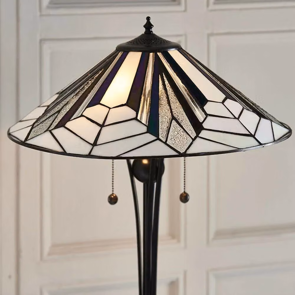 Loops Tiffany Twin Floor Lamp with Black Stem and Multicolour Retro Stained Glass Shades – 2